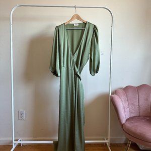 Aritzia Little Moon | Green V-neck Balloon Sleeve Wrap Maxi Dress Size M